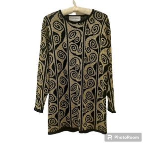 VTG Adrienne Vittadini Gold Black Glitters Wool Blend Tunic Sweater Size LG/XL